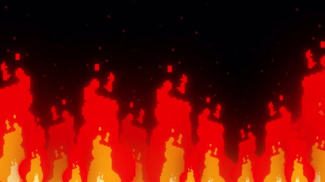 Animation fire flame background with pixel style and fire burning glow effect , seamless looping on black background. alpha channel only 4k