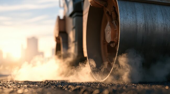 Road roller drum compacting hot asphalt with steam at sunset