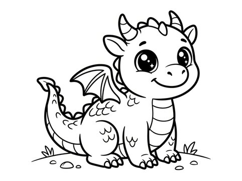 A cute, cartoon dragon is playfully sitting on the ground. The dragon has a smiling face, large eyes, and small horns.