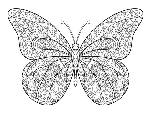 A detailed, intricate butterfly illustration is presented against a plain white background. The butterfly&rsquo;s wings are densely decorated with elaborate, swirling patterns and floral motifs.