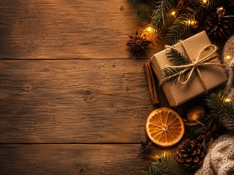 Cozy holiday still life on rustic wooden table