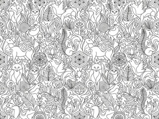 Fototapeta premium A dense, intricate pattern fills the image with numerous deer, foxes, and ferns. The design features a complex, repeating motif of stylized animals and foliage, creating a busy, layered composition.