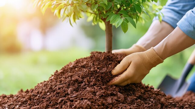 Person spreading mulch around base of young tree in garden