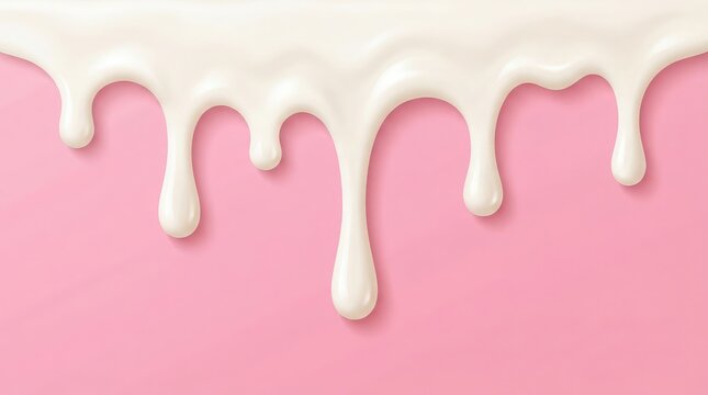 Thick white liquid cream or milk dripping down on a solid pastel pink background surface texture
