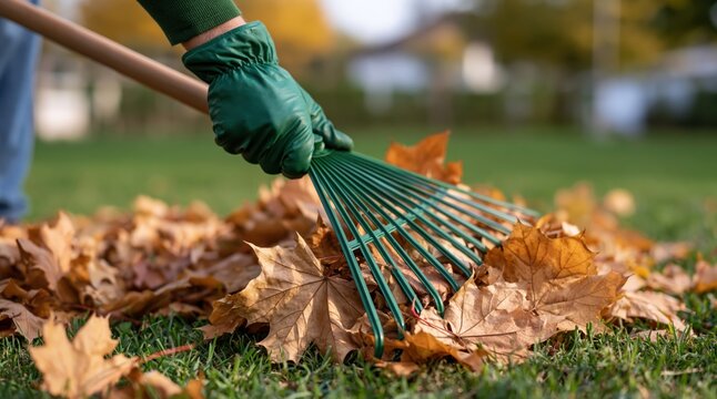 Hand in glove raking dry autumn leaves on green lawn