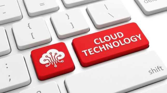 Close up view of red computer keyboard keys featuring cloud technology text and digital network symbol icon print.