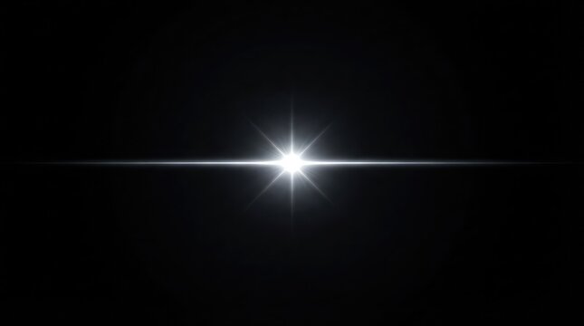 A bright white star burst light effect with horizontal lens flare rays isolated on a solid black background