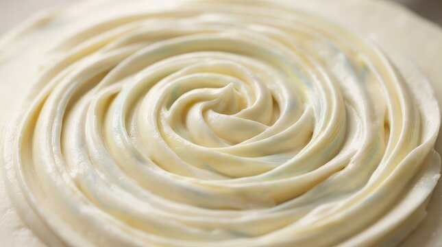 Top view of a creamy white frosting swirl on a cake surface with soft texture and smooth finish