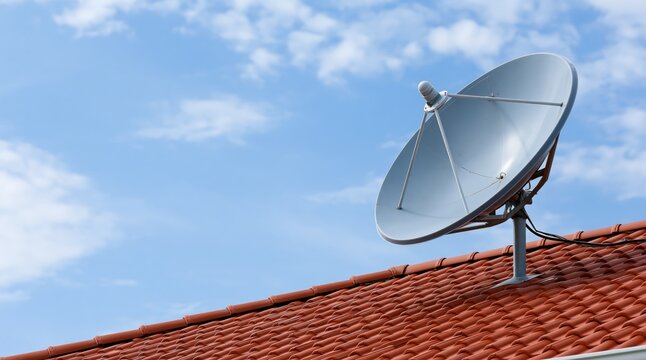 Satellite dish mounted on red tile roof under blue sky