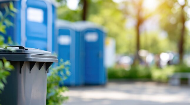 Grey trash bin and blue portable toilets in public park on sunny day