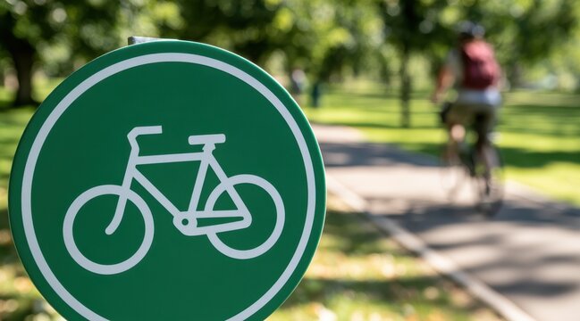 Green bicycle path sign in park with blurred cyclist on trail