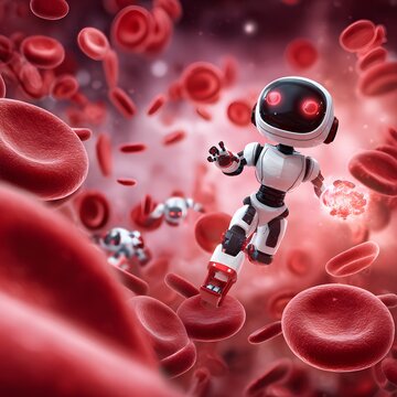 Medical Nanobots in Bloodstream Attacking Virus, Futuristic Healthcare Concept, Red Blood Cells