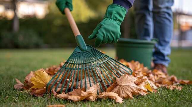 Person wearing green gloves raking dry fallen leaves on lawn in garden