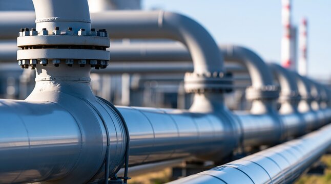 Industrial steel pipes with flanged joints in refinery plant