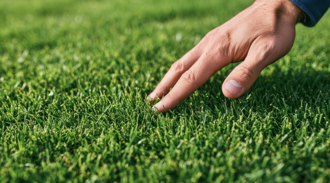 Hand touching lush green grass on sunny lawn