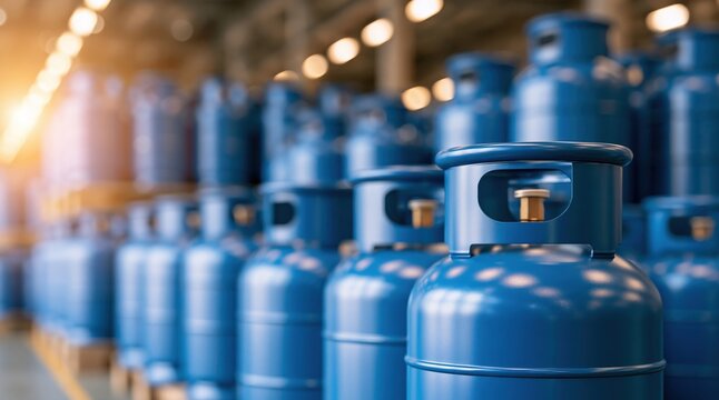 Blue gas cylinders stacked in warehouse for distribution