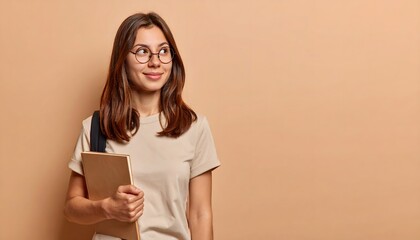 Fototapeta premium Young female student with glasses holding notebook on beige backdrop