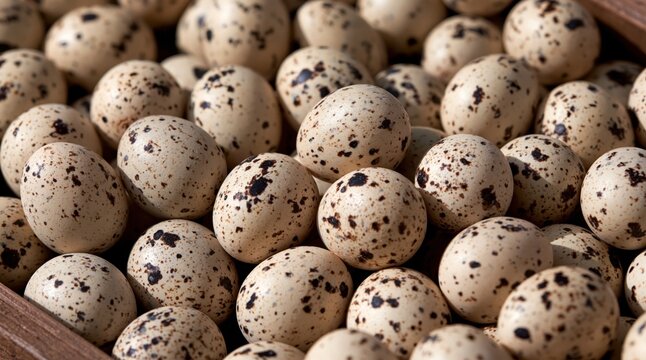 Pile of speckled quail eggs in wooden box