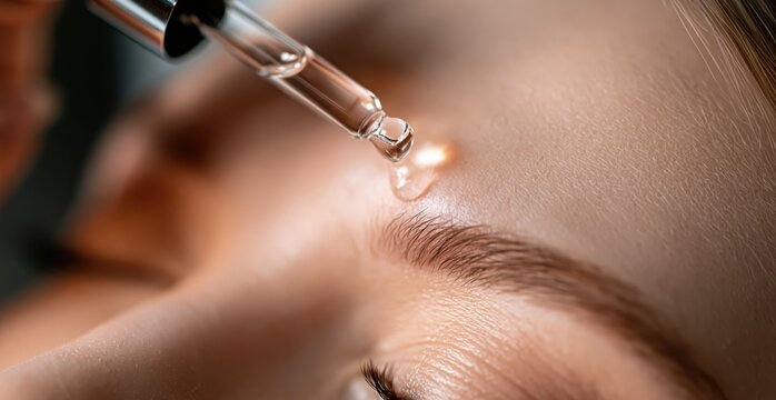 Close up of woman applying skin care serum on forehead