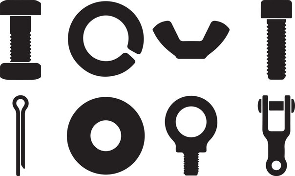 Set of black silhouette of industrial fastening hardware, including bolts, washers, a wing nut, a cotter pin, and a clevis fastener
