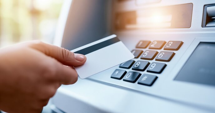 Hand holding credit card near atm keypad