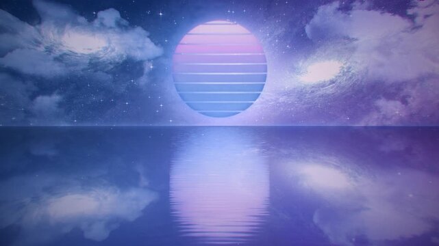 Synthwave Outrun Space Ocean Loop Sunset Sea with Nebula and Stars Background 4K