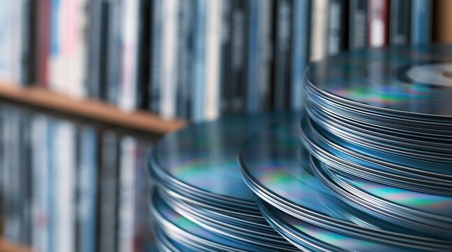 Stacks of optical discs on shelf background