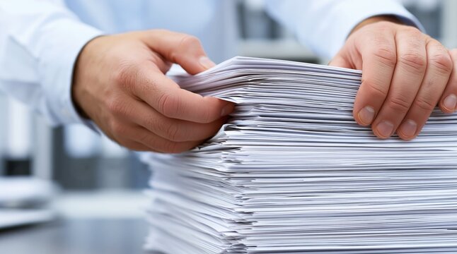 Close up of businessman hands holding large stack of documents