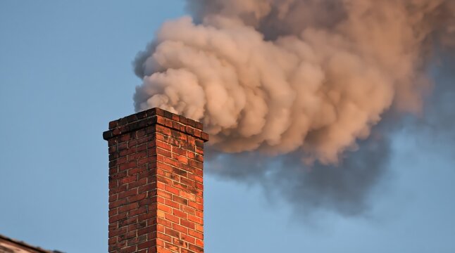 Thick smoke rising from red brick chimney against blue sky