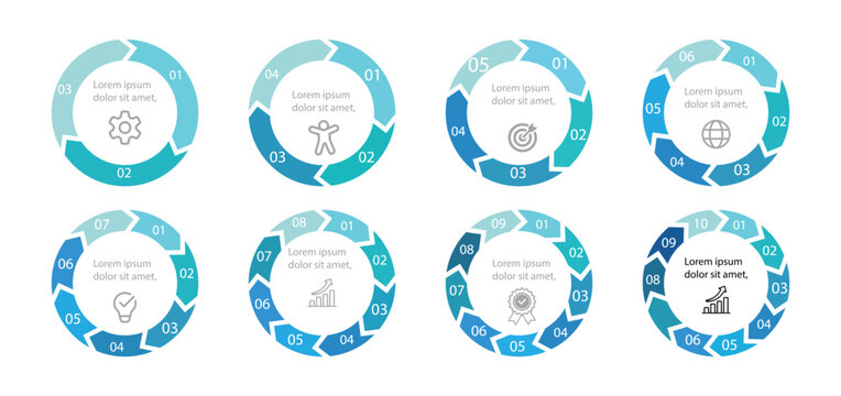 Colorful Circular Arrow Process Icons Set with 2 to 10 Steps for Infographics. Round reload sign, repeat icon, rotate arrow symbol.Vector pie charts set. 
