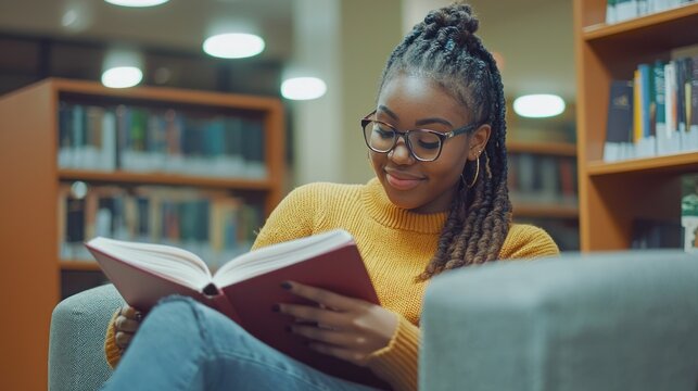 A young Black woman sits comfortably in a library, engrossed in reading a book. She wears glasses and has her hair styled in a high bun with braids.