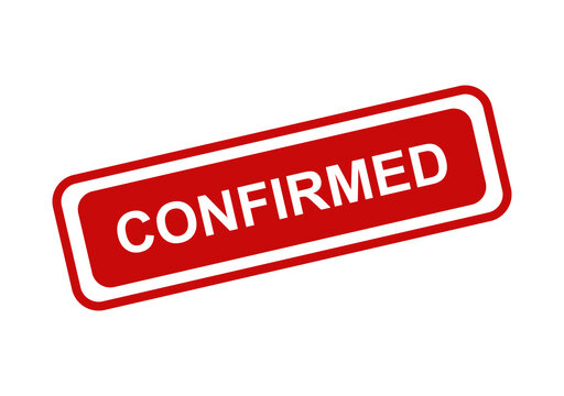 Red confirmed stamp icon with white text for business approval and official validation on a clean design element isolated on transparent background