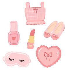 Cute pink coquette aesthetic set with plaid crop top, nail polish, lipstick, ballet flats, sleep mask and heart pillow clipart isolated on black background © Ngoc