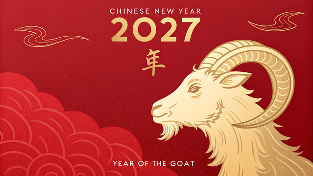 Chinese New Year 2027 Illustration Featuring Year of the Goat Symbol with Traditional Red Background Design transparent background