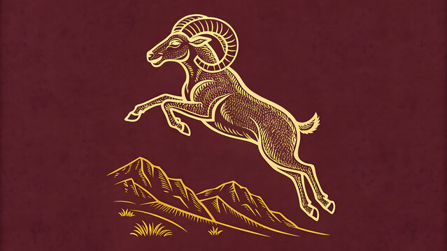 Golden illustration of a ram leaping over rocky mountain terrain with detailed texture and dynamic pose transparent background