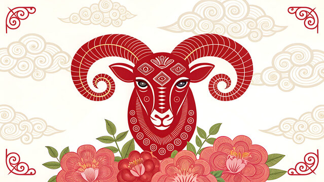 Vibrant ram head illustration with intricate patterns surrounded by stylized flowers and decorative clouds transparent background