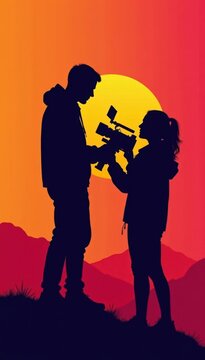 Vector silhouette of a cameraman operating a camera , cinema, filming, broadcast