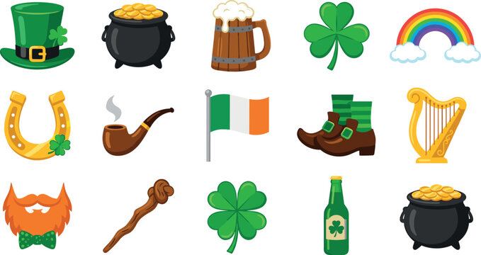 Saint Patricks Day Vector Icon Set Featuring Leprechaun Green Top Hat, Pot of Gold Coins, Irish Flag, Shamrock Clover, and Rainbow Cloud Elements