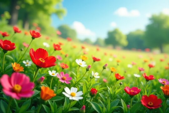 Vibrant late summer wildflowers carpet a meadow , botany, lush, yellow