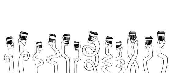 Vector illustration composition of multiple surreal elongated wavy hands holding coffee paper cups. for coffee shop banner, cafe wall mural, takeaway packaging, coffee community poster, and event © NUR