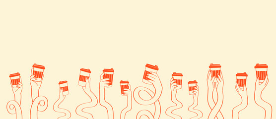 Vector illustration banner of multiple surreal elongated wavy hands holding coffee paper cups in orange line art on cream background. for coffee shop header, cafe wall mural, takeaway packaging © NUR