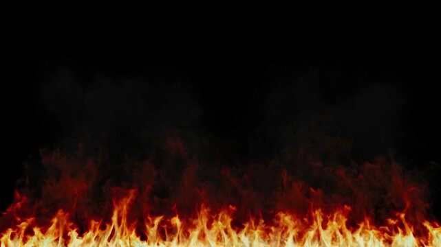 Fire flames burn brightly across the bottom edge against a solid black background.