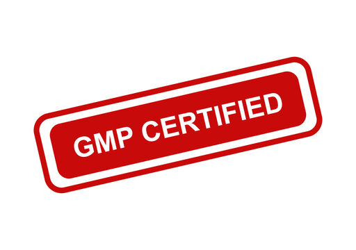 Red rectangular gmp certified stamp label icon for quality assurance and safety standards for manufacturing products isolated on transparent background