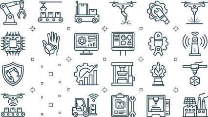 Fototapeta premium Smart Factory Automation Line Icons Set Featuring Industrial Robotics, Manufacturing, Artificial Intelligence, Industrial IoT, Warehouse Operations, and Production Technology Vector Collection