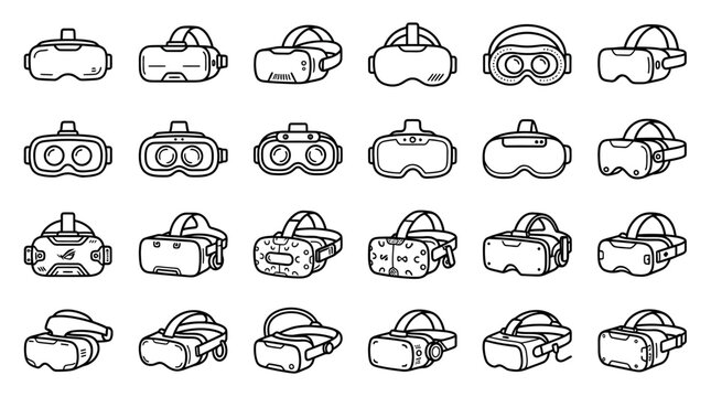 Virtual Reality Headset Icons Vector Design Featuring Line Drawn Goggles Modern Technology Immersive Experience Editable Graphic Representation Innovative Styles