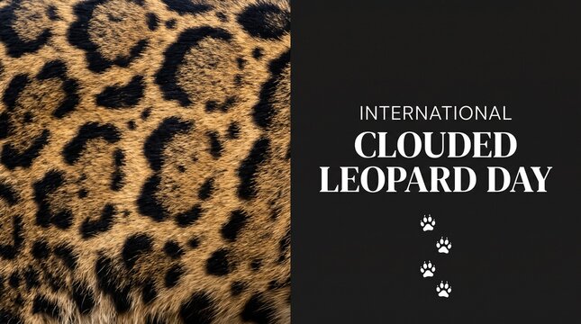 Clouded leopard fur texture close up pattern, International Clouded Leopard Day text poster with paw prints on black background