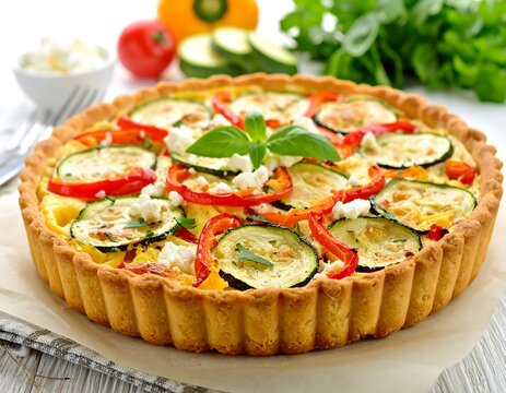A savory tart with a golden crust, topped with zucchini, red peppers, and white cheese, garnished with fresh green herbs
