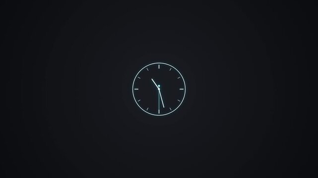 Neon white clock with teal second hand on black background