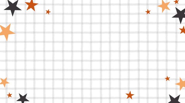 Animated cute background featuring a white gingham grid pattern decorated with orange and black stars. Perfect for children's videos, presentations, social media, invitations, and playful motion graph