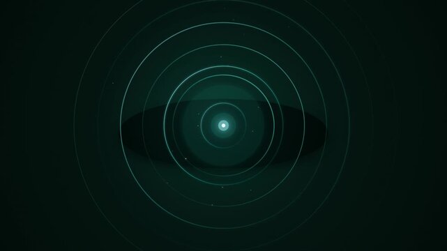 Concentric teal circles encircle glowing orb with planetary rings